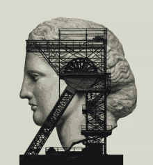 a statue of a woman 's head is surrounded by a crane and a fire escape