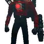 a robot in a red shirt and black pants is holding a gun and a camera .