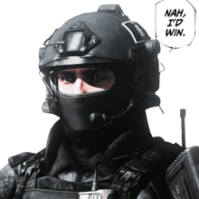 a man wearing a helmet with a speech bubble that says nah i 'd win on it