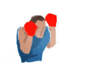 a man in a blue tank top and red boxing gloves .