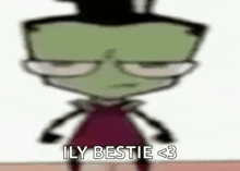 a blurry picture of a cartoon character with the words `` ily bestie < 3 '' written below it .