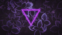 a neon triangle surrounded by purple leaves on a dark background