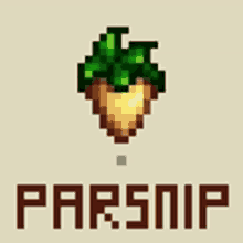 a pixel art of a carrot with the word parsnip underneath it