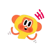 a cartoon character with a yellow head and orange arms says hi