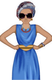 a cartoon of a woman wearing a blue dress , sunglasses , and a turban .