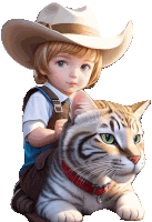 a little boy wearing a cowboy hat sits on a cat