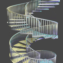 a spiral staircase with a metal railing and the letter p on the bottom step