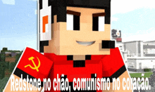 a minecraft character with a hammer and sickle on his shoulder