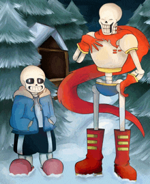 a cartoon drawing of two skeletons standing in the snow