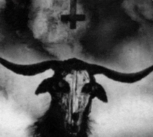 a black and white photo of a goat 's skull with long horns and a cross on its head .