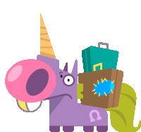 a purple unicorn with a pink nose carrying a suitcase