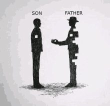 a black and white drawing of a son and father