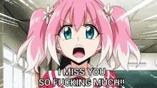 a pink haired anime girl says i miss you so much