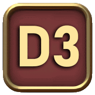 a red and gold icon with the letter d3