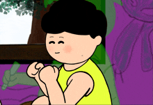 a cartoon drawing of a boy sitting in front of a purple wall