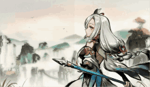 a girl with long white hair is holding a spear in front of a mountain