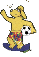 a cartoon dog holding a soccer ball while riding a surfboard