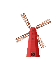 a red windmill on a white background with a x on the door