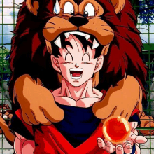 a cartoon character is wearing a lion mask and holding a red ball .