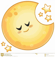 a cartoon illustration of a sleeping crescent moon with stars