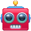 a red robot head with blue eyes and a yellow top on a white background .