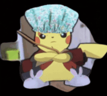 a pikachu wearing a surgical cap is holding a pair of chopsticks in his mouth .