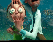 a cartoon character is being held by a man in a lab coat in the water .