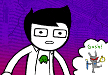 a cartoon character with a green skull on his shirt says gosh