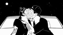 a black and white drawing of a man and woman kissing in a car .