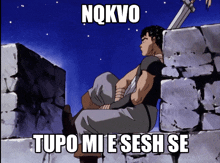 a cartoon of a man sitting on a stone wall with the words " nokvo tupu mie sesh se " above him