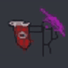 a pixel art drawing of a red and purple flag with a sword .