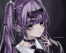 a drawing of a girl with purple hair and a bow in her hair