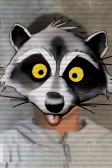 a person wearing a raccoon mask with big yellow eyes