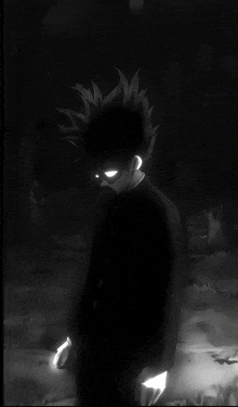 a black and white drawing of a boy with a glowing eye