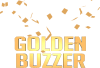 a golden buzzer logo with confetti falling in the background