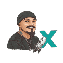 a drawing of a man with a beard holding a rocket with the letter x in the background