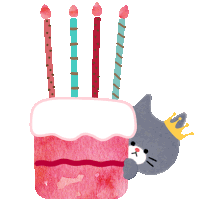 a cat wearing a crown looks out from behind a birthday cake with candles