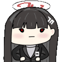 a cartoon of a girl with long black hair wearing a black suit and a white hat .