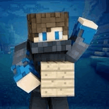 a minecraft character is holding a wooden block in his hand .