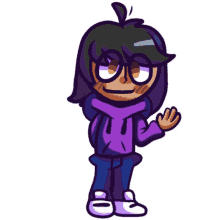 a cartoon drawing of a girl wearing a purple sweatshirt