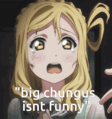 a picture of a girl with the words " big chungus isnt funny " on the bottom