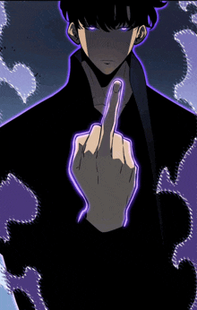 a man giving the middle finger with a purple light behind him