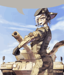 a cartoon drawing of a cat in military uniform standing next to a tank with the number 52-771 on it