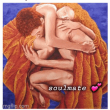 a painting of a man and a woman hugging with the words soulmate above them