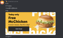 an advertisement for a free mcchicken sandwich