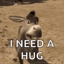 a donkey from shrek says `` i need a hug '' while standing on a dirt road .