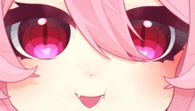 a close up of a person 's face with pink hair and red eyes