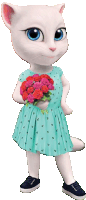 a cartoon cat in a blue dress is holding a bouquet of flowers