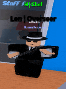 a roblox character named len overseer is standing on a wooden floor