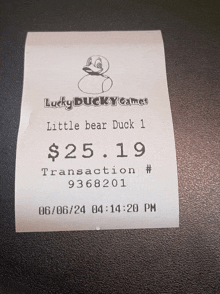 a receipt for lucky ducky games little bear duck 1 cost $ 25.19